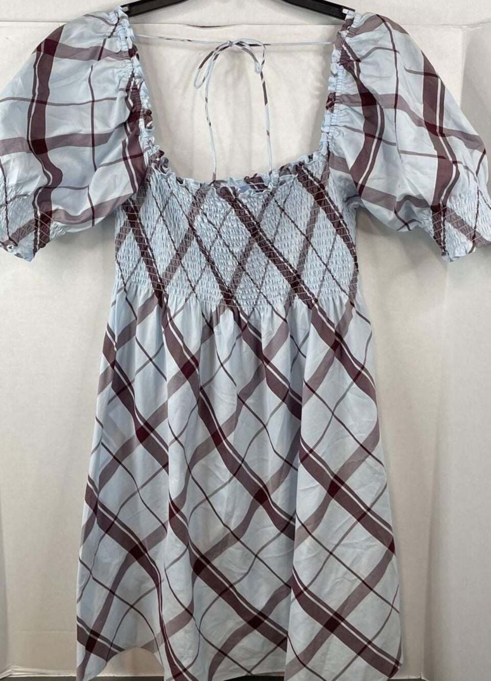 Hill House Home Smocked Puff Sleeve Mini Dress in Blue & Burgundy Plaid